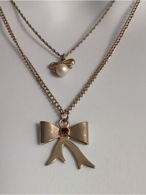 Vtg Gold Bow & Pearl Layering Necklaces By Just For You